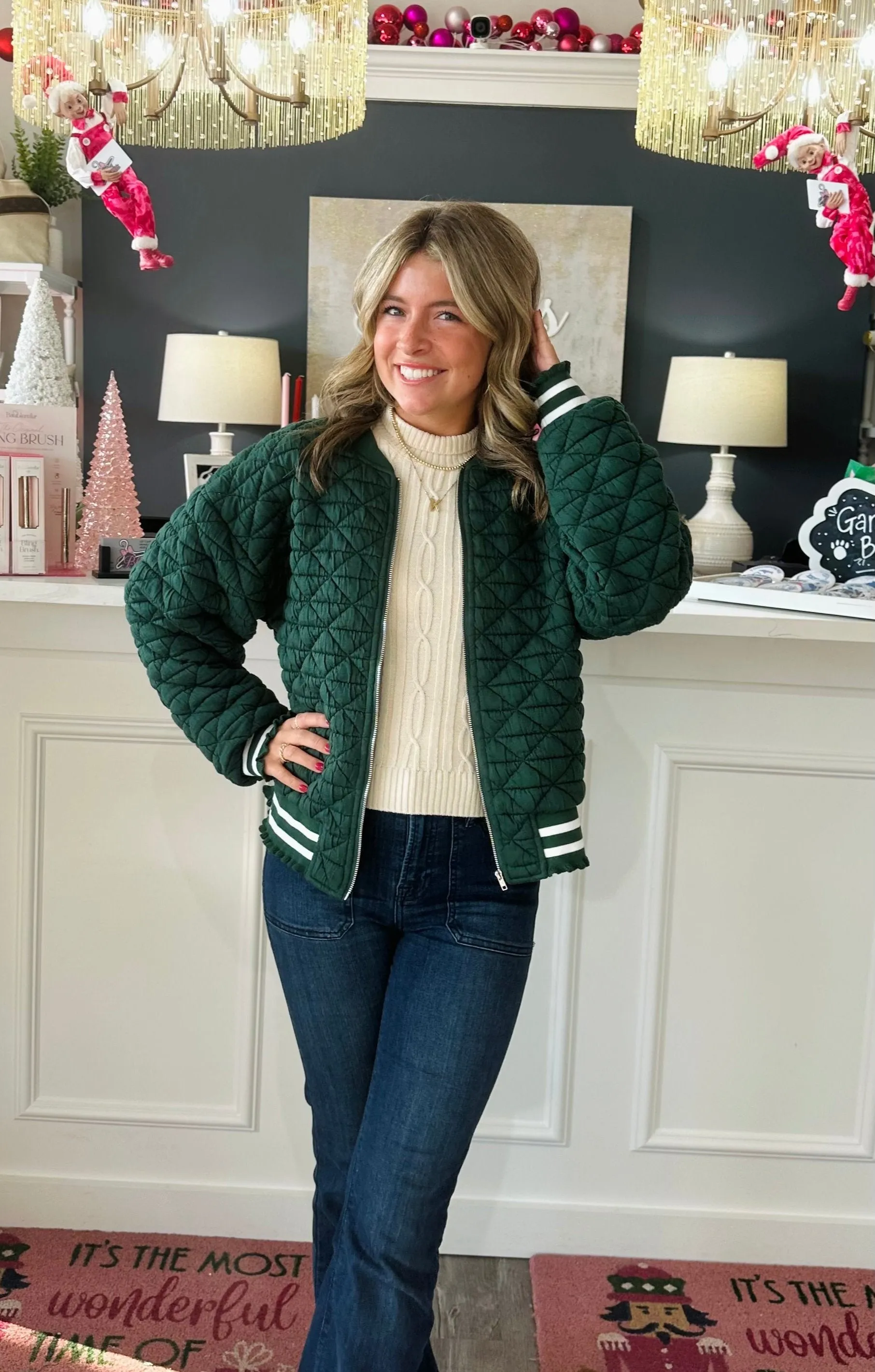 Quilted Striped Accent Band Zip Up Bomber Jacket