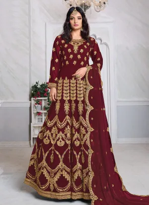 Red Abaya Style Embroidered Anarkali Suit