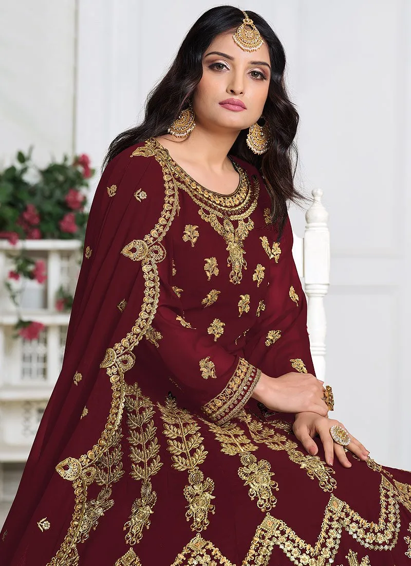 Red Abaya Style Embroidered Anarkali Suit