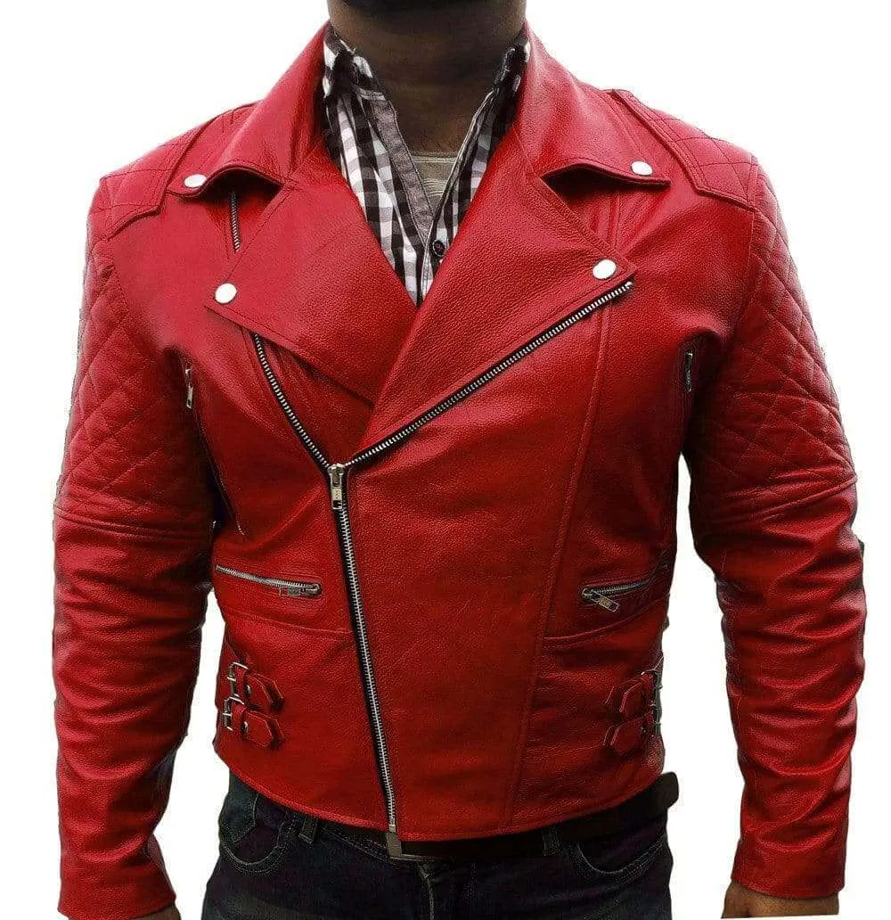 Red Ribbed Fashion Leather jacket for Men's