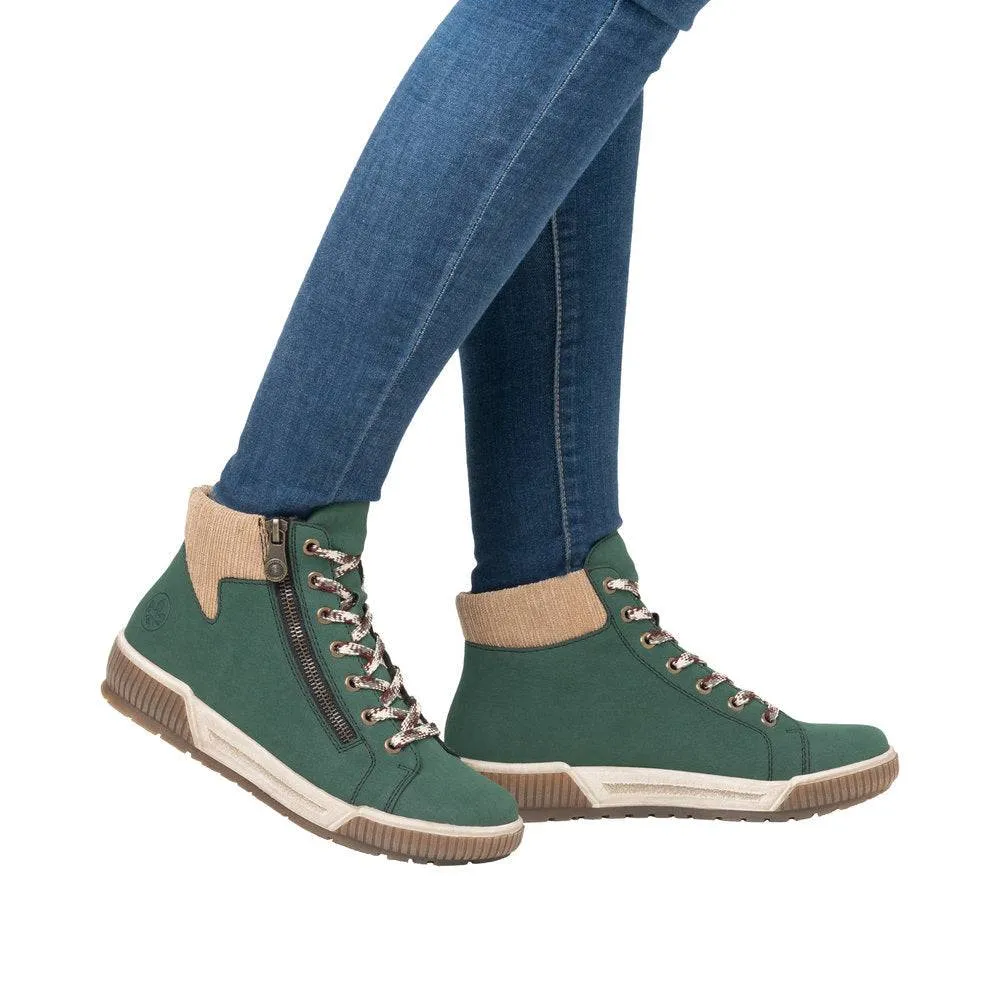 Rieker N0709-54 Ladies Wide Bottle Green Zip & Lace Ankle Boots