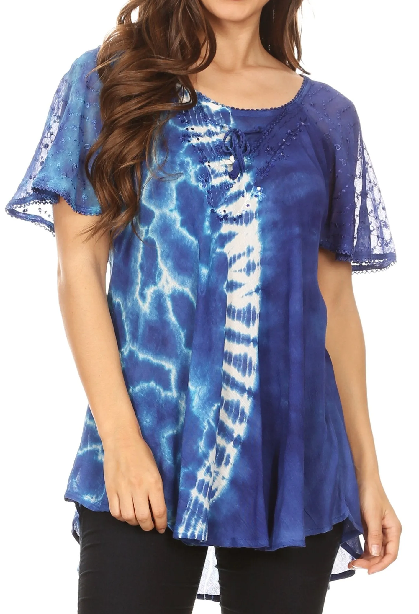 Sakkas Iris Womens Tie-dye Short Sleeve Blouse Top with Corset and Embroidery