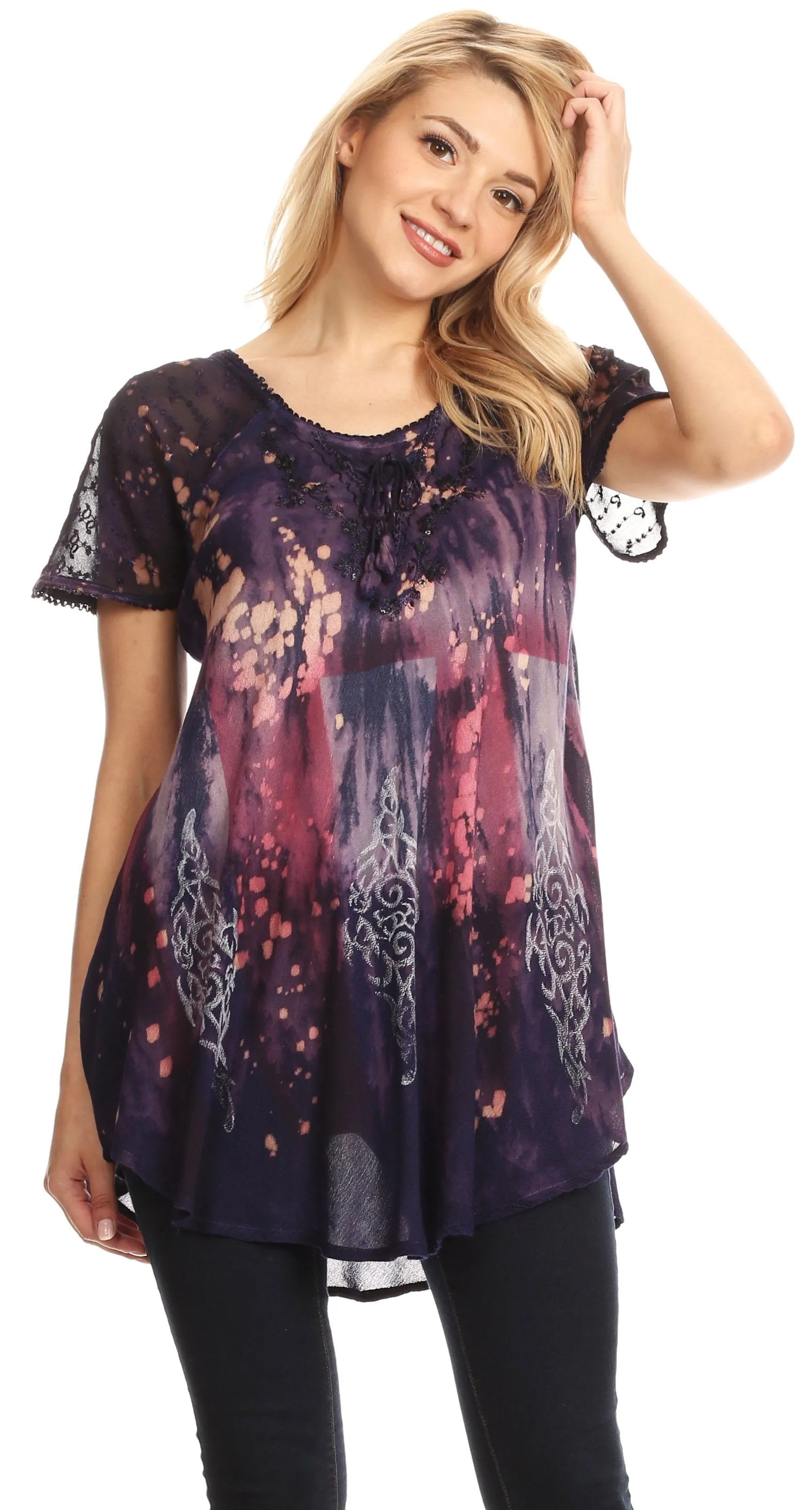 Sakkas Jannat  Short Sleeve Casual Work Top Blouse in Tie-Dye with Embroidery Lace