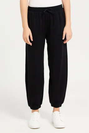 Senior Girls Black Solid Twill Joggers