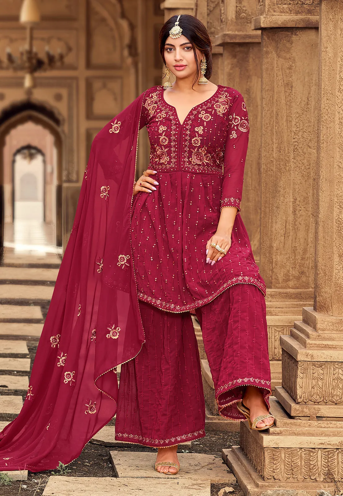 Sharara Set in Hot Pink Beautifully Embroidered Suit