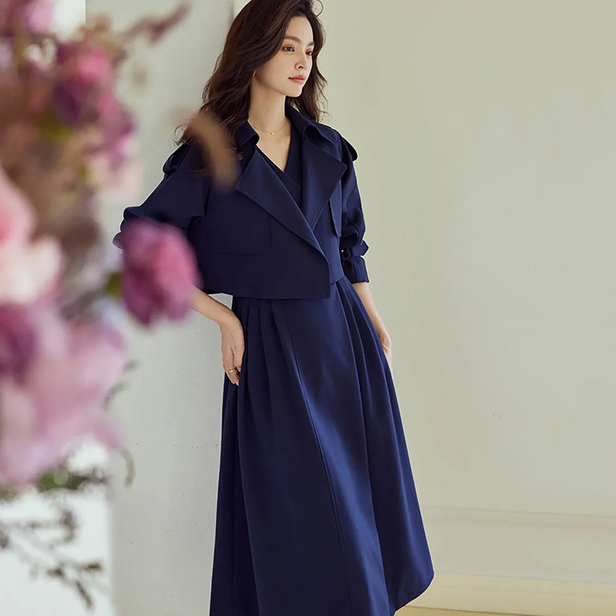 Short Jacket and Dress Set in Navy Blue