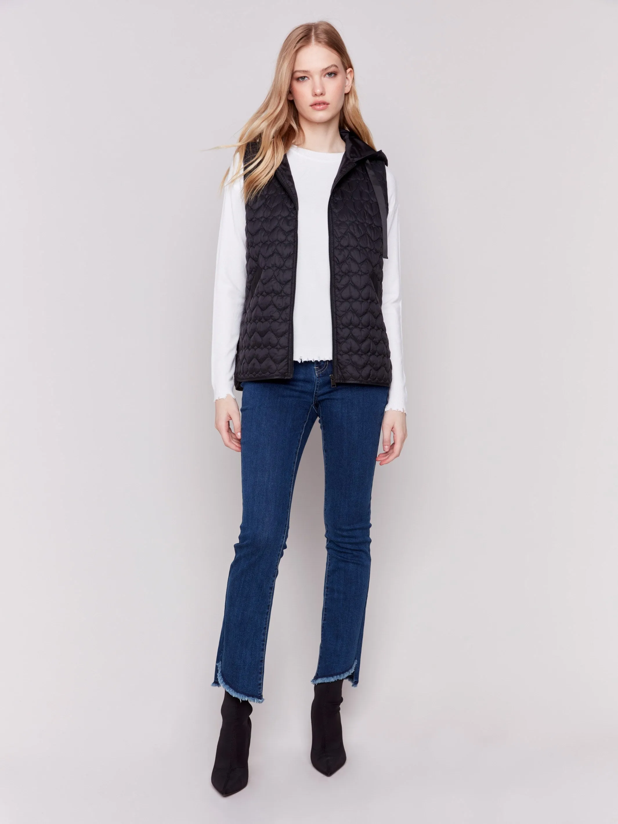 Short Quilted Puffer Vest with Hood - Black