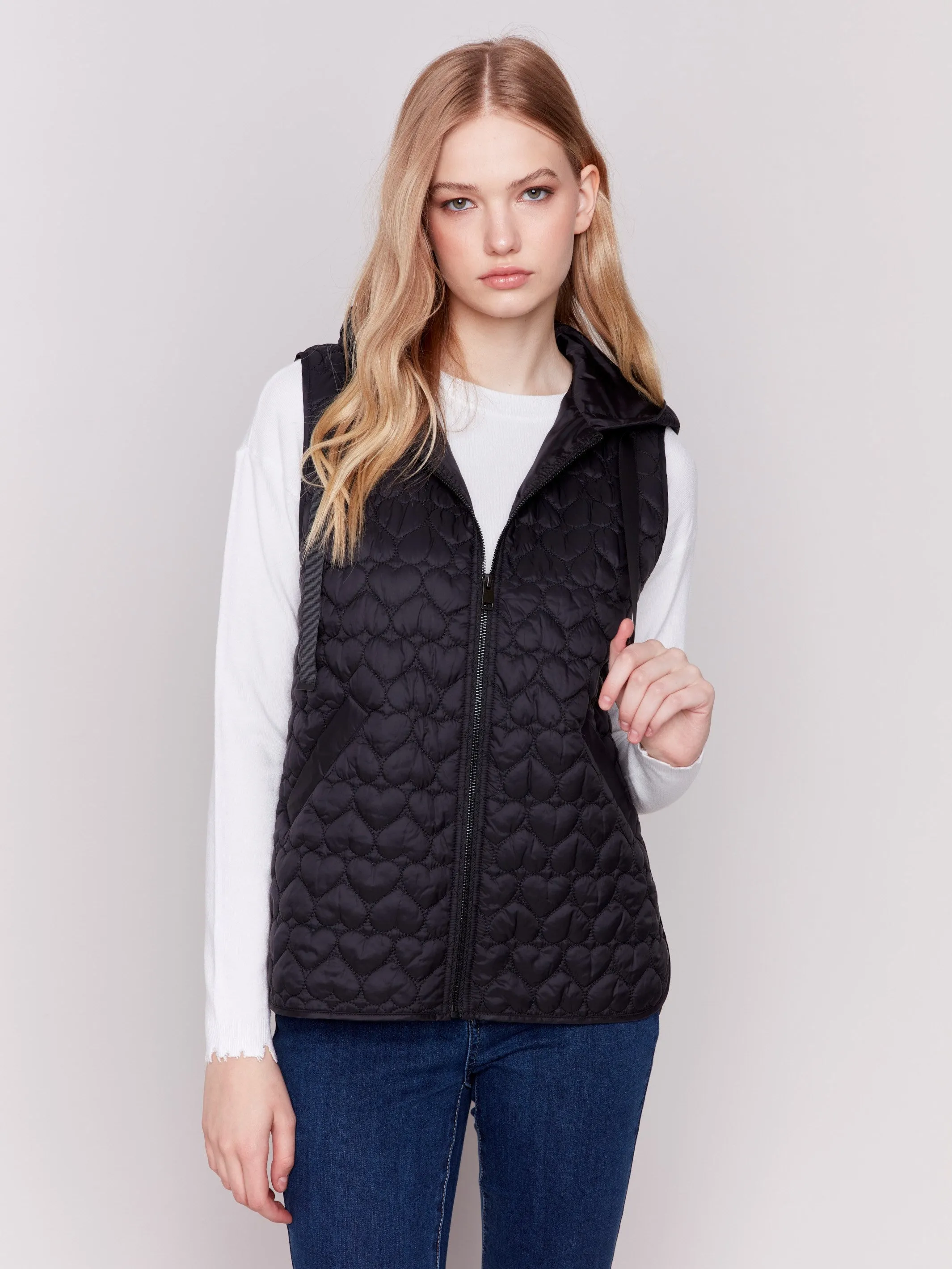 Short Quilted Puffer Vest with Hood - Black