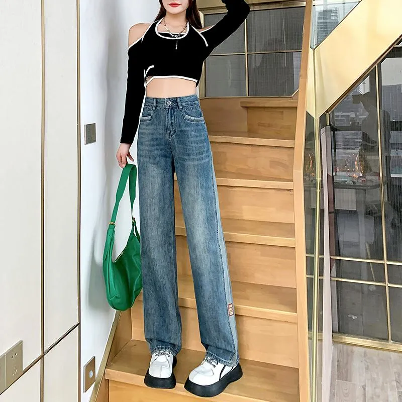 Slimming Floor-Length Draping Loose-Fit Straight High-Waisted Patchwork Retro Jeans