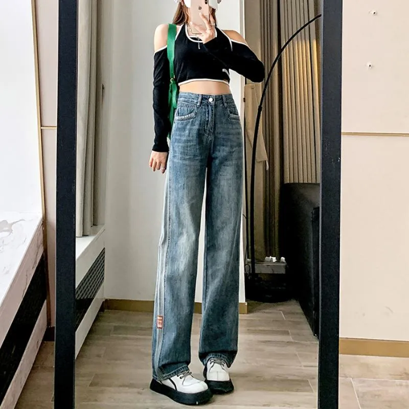 Slimming Floor-Length Draping Loose-Fit Straight High-Waisted Patchwork Retro Jeans