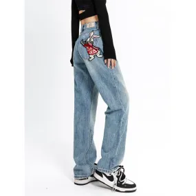 Slimming Little Rabbit Loose-Fit Straight High-Waisted Embroidery Jeans