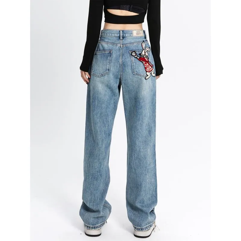 Slimming Little Rabbit Loose-Fit Straight High-Waisted Embroidery Jeans