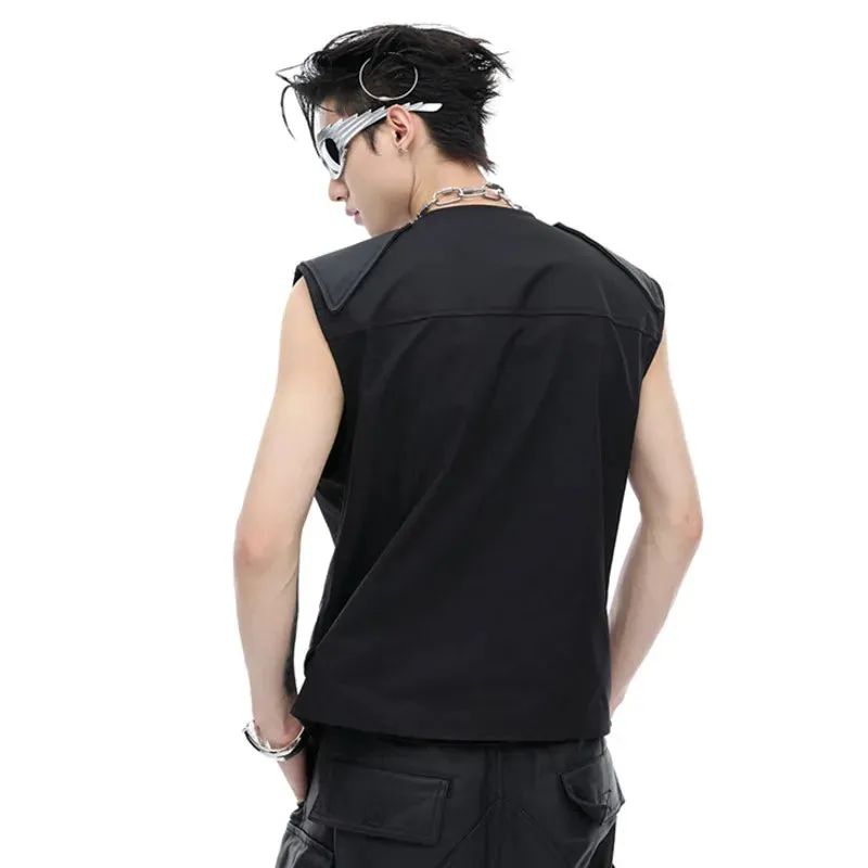 Spliced PU Leather Tank Top Shoulder Sleeveless Vest Solid Color Metal Buckle Decoration Male Tops Summer 24X9226