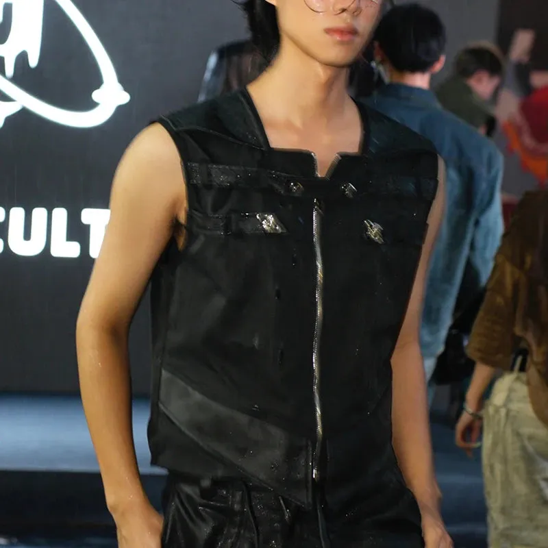 Spliced PU Leather Tank Top Shoulder Sleeveless Vest Solid Color Metal Buckle Decoration Male Tops Summer 24X9226