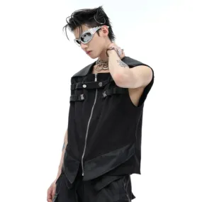 Spliced PU Leather Tank Top Shoulder Sleeveless Vest Solid Color Metal Buckle Decoration Male Tops Summer 24X9226