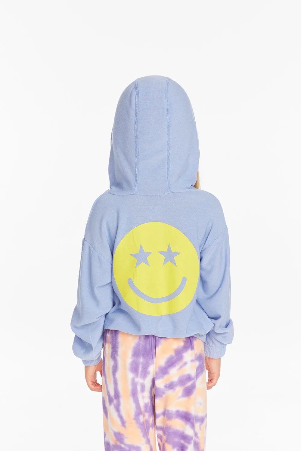 Star Smiley Semi Cropped Shirred Hoodie Pullover