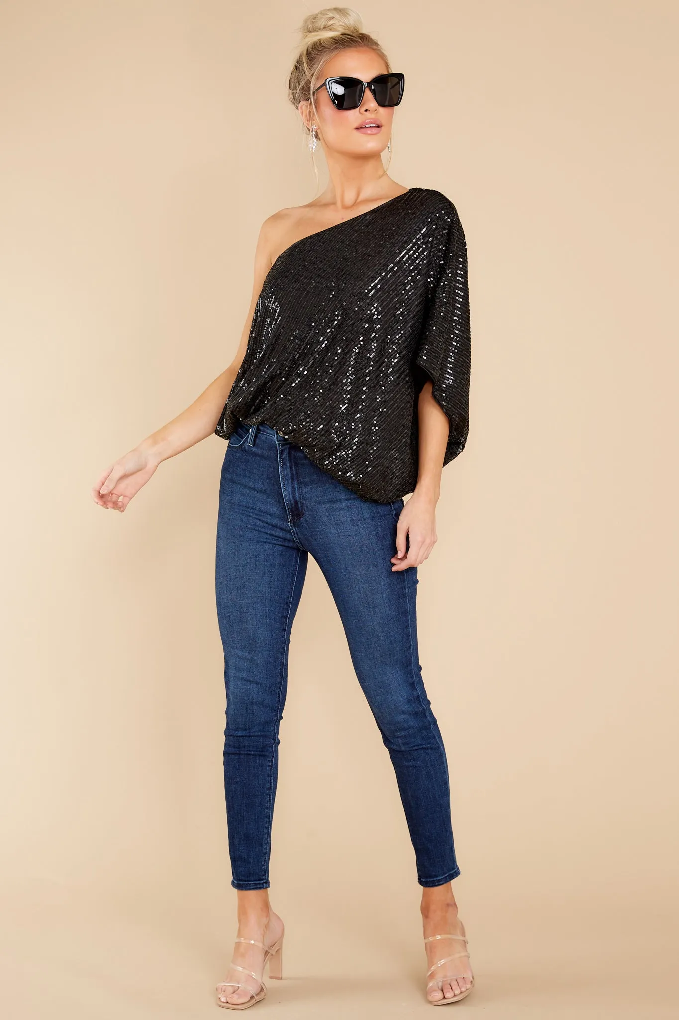 Starry Eyed Black One Shoulder Top