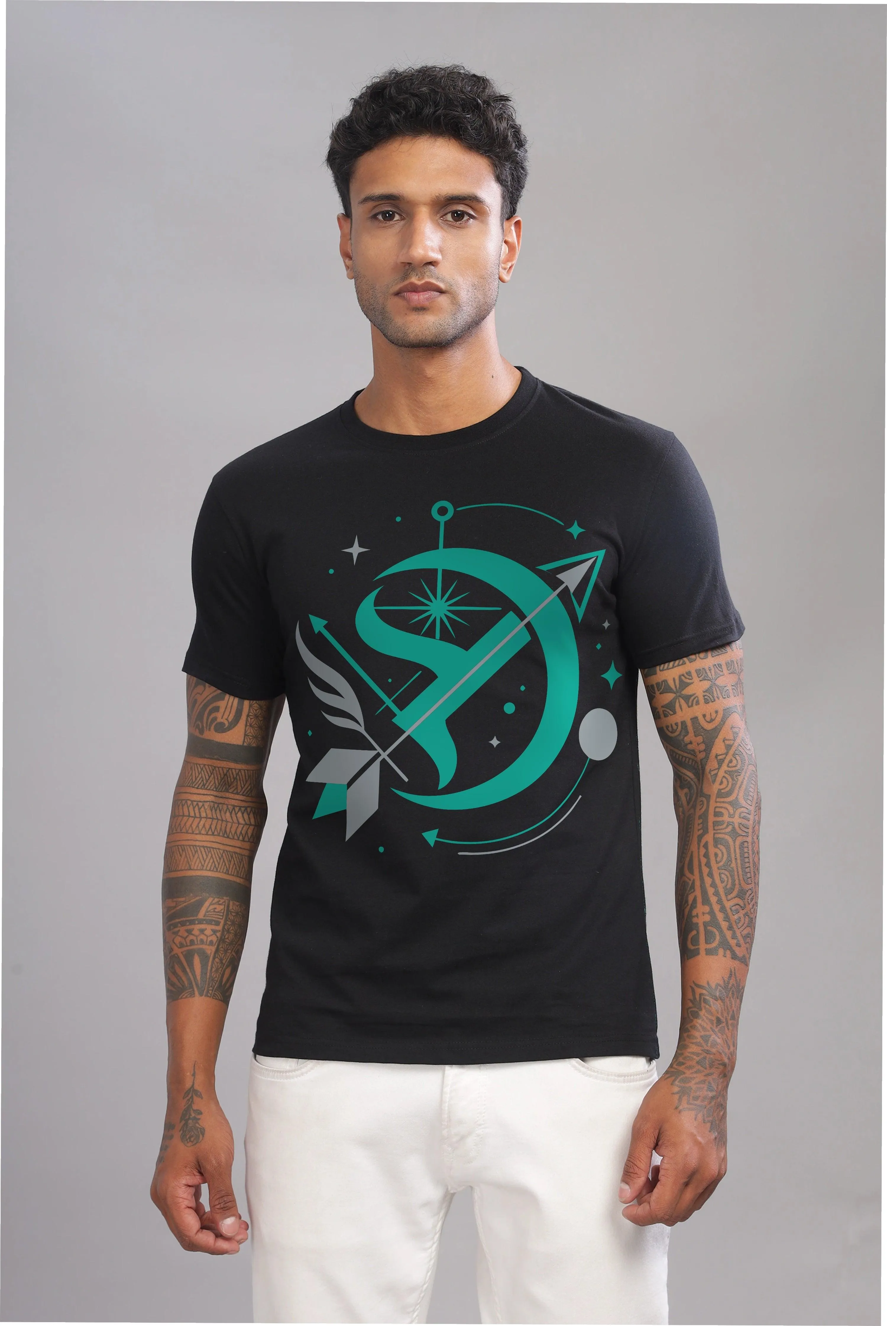 Starry Sagittarian Black Half Sleeve Printed Round Neck T-Shirt