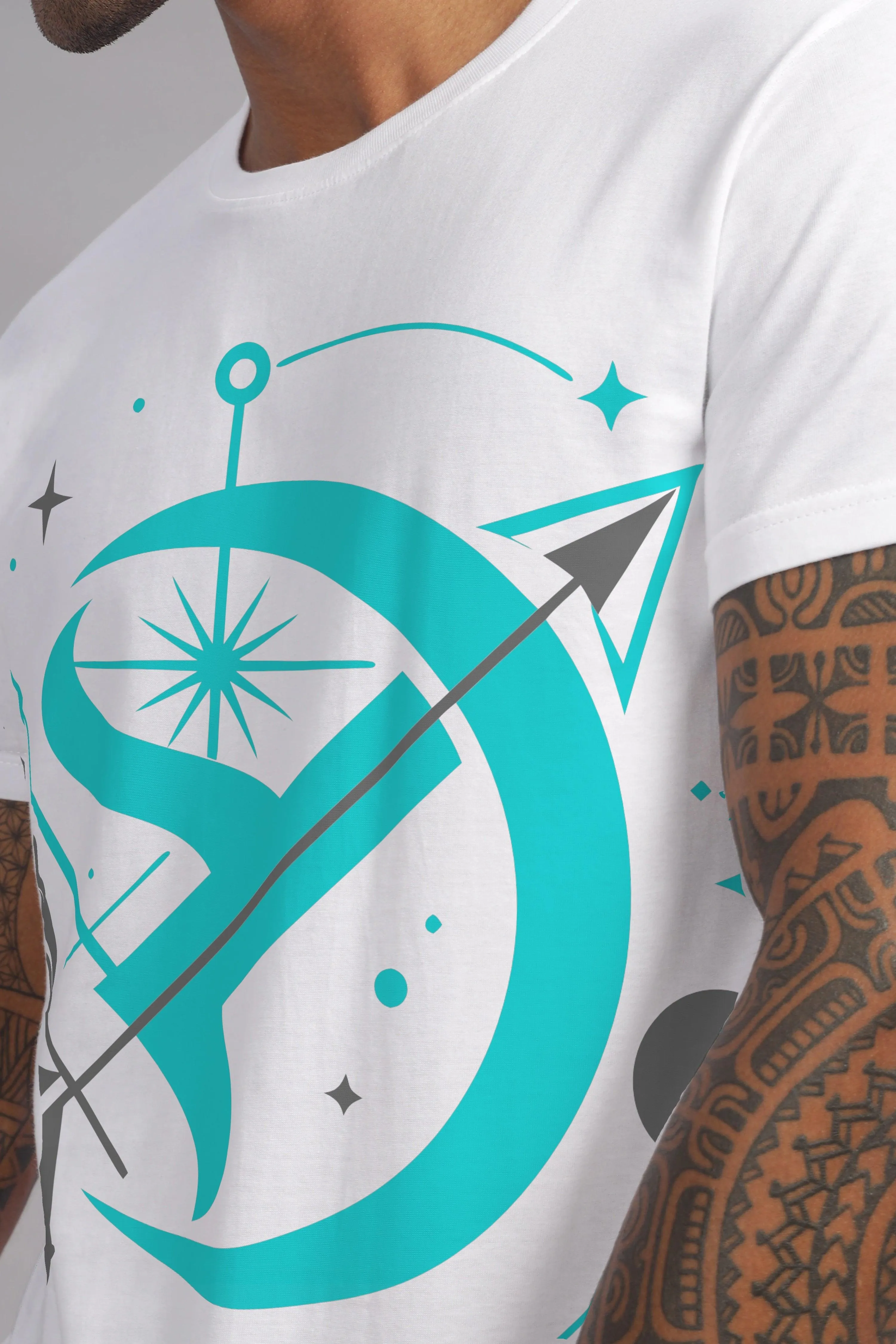 Starry Sagittarian White Half Sleeve Printed Round Neck T-Shirt