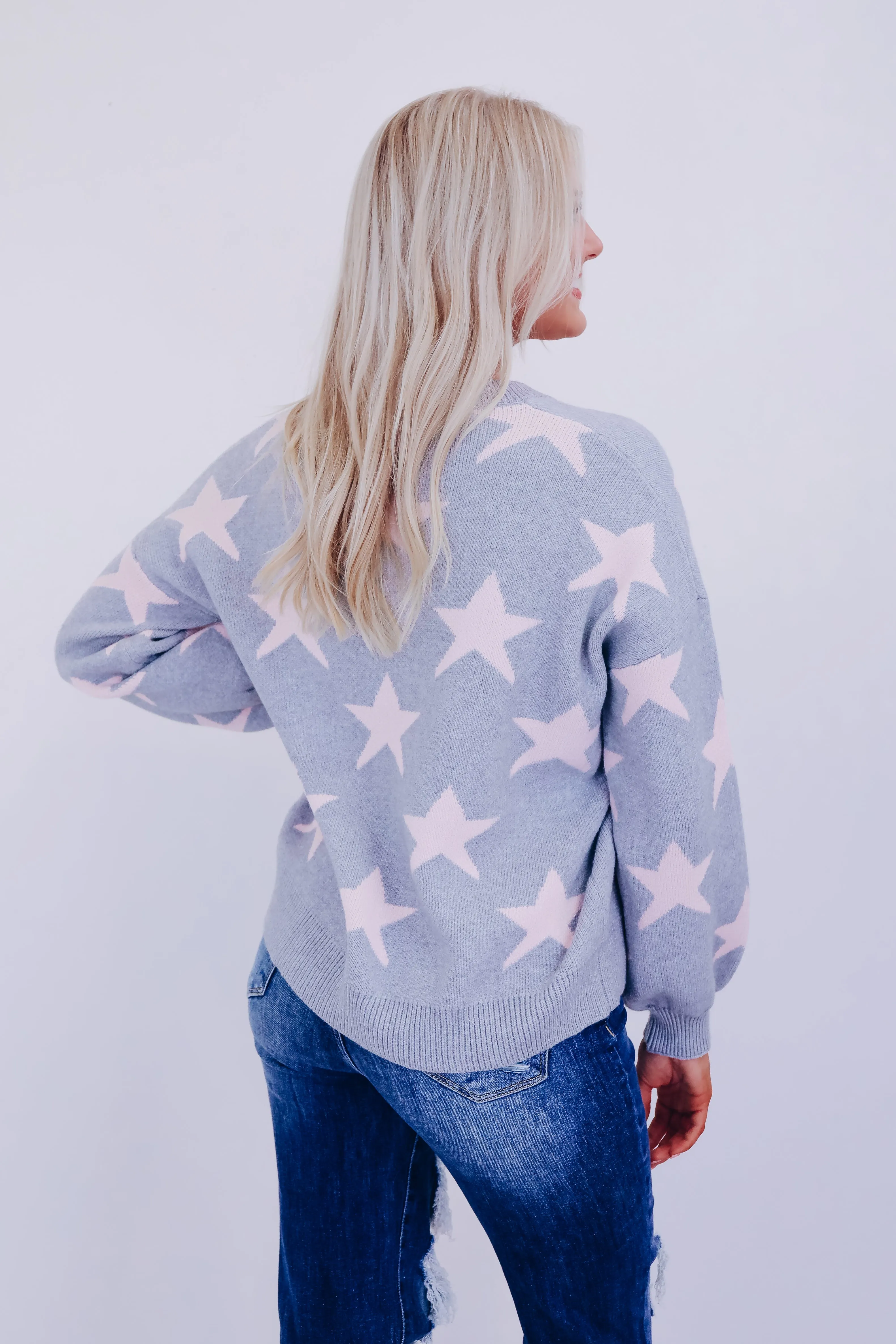 Starry V-Neck Knit Sweater - Grey/Pink