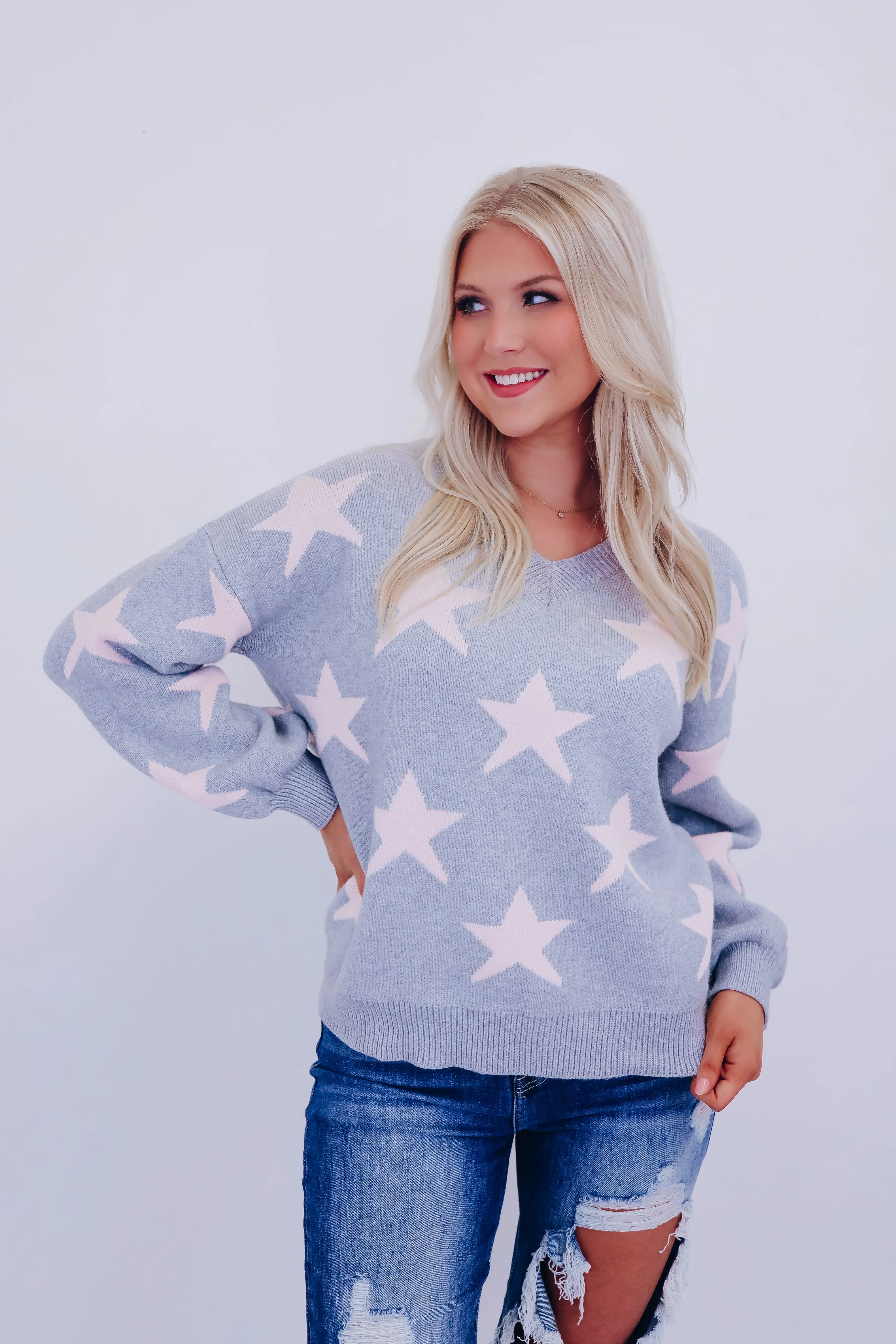 Starry V-Neck Knit Sweater - Grey/Pink