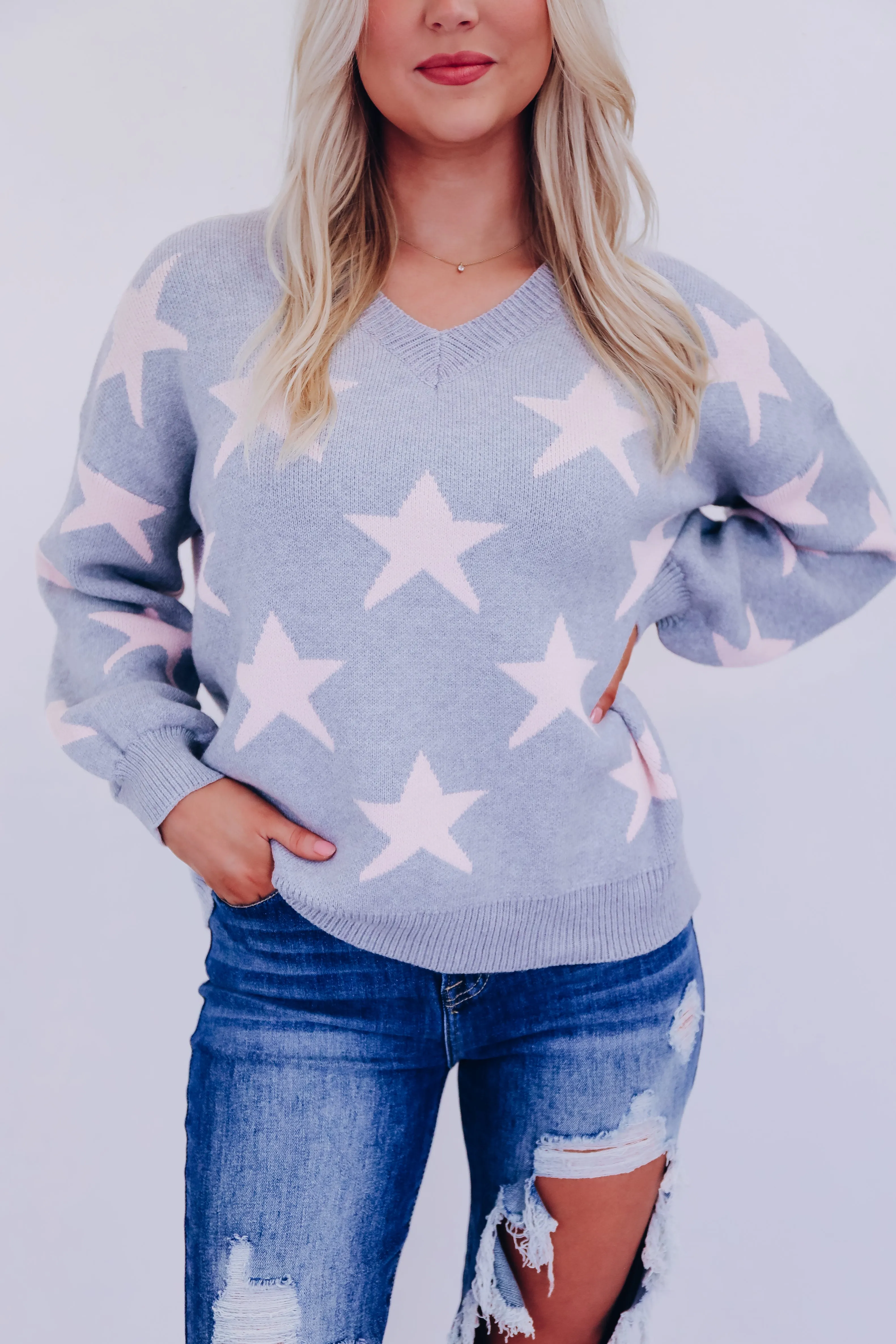 Starry V-Neck Knit Sweater - Grey/Pink