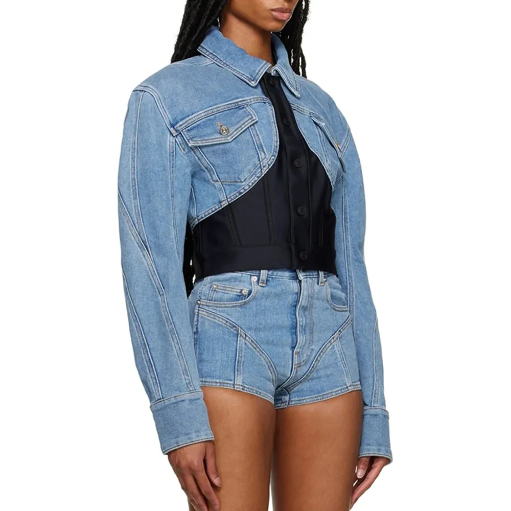 Streetwear Hit Color Denim Jackets For Women Lapel Long Sleeve Patchwork Single Breasted Skinny Short Coats Female Fashion