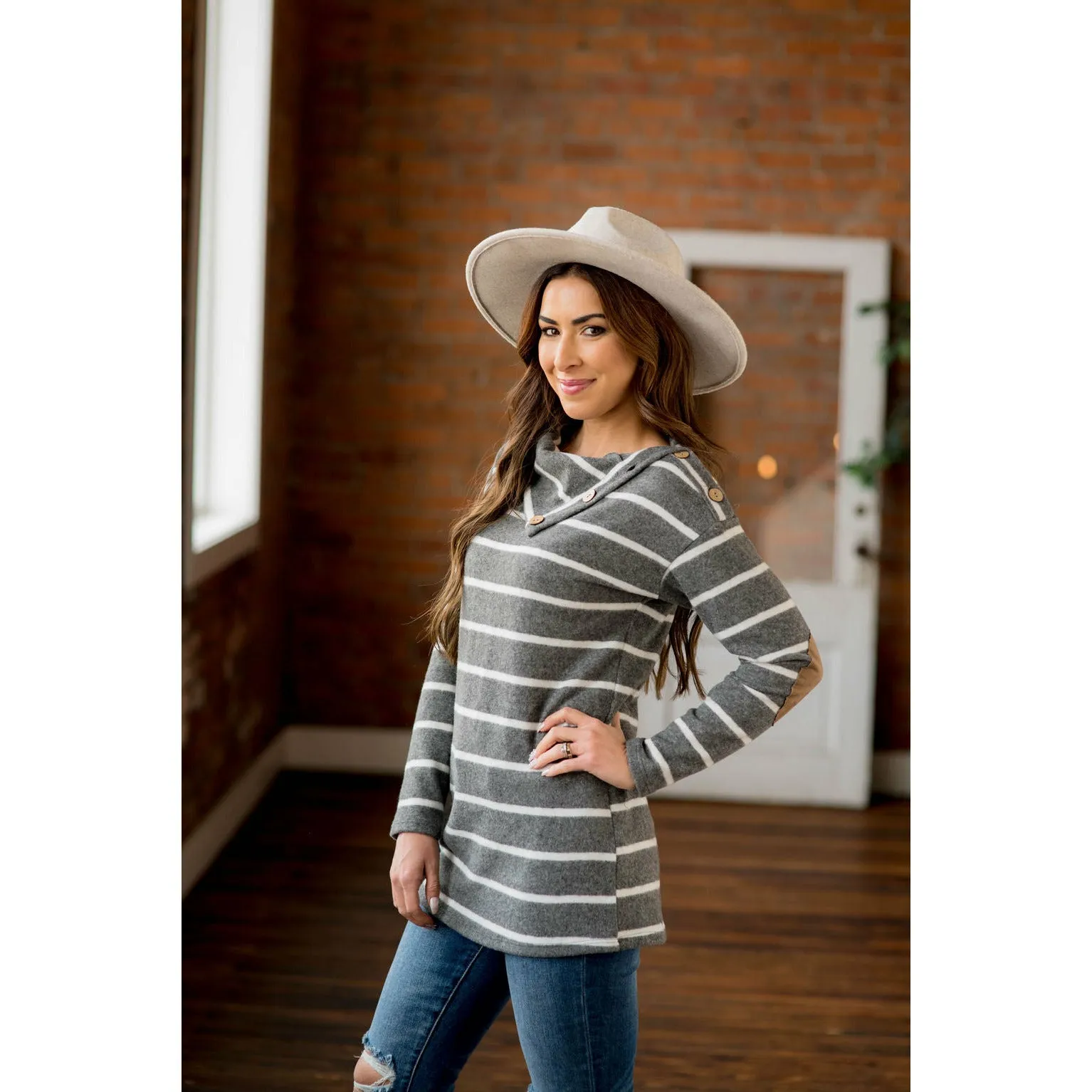 Striped Cowl Neck Elbow Patch Tee