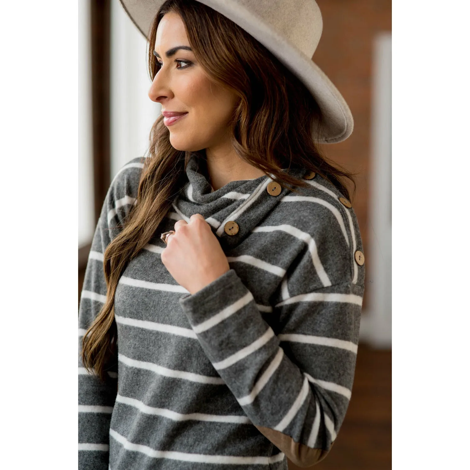 Striped Cowl Neck Elbow Patch Tee