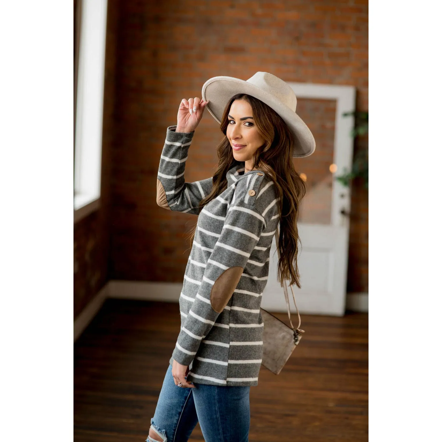 Striped Cowl Neck Elbow Patch Tee