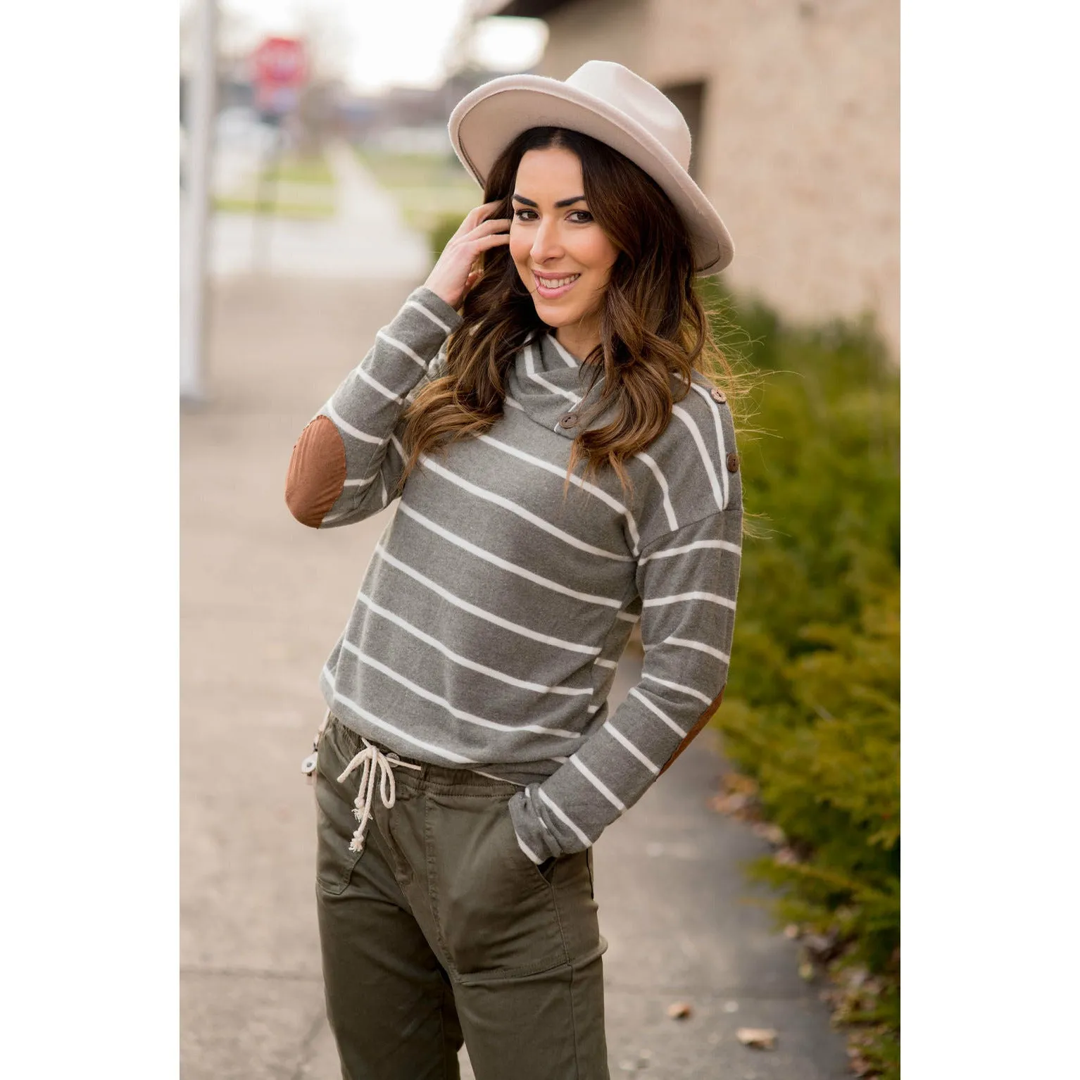 Striped Cowl Neck Elbow Patch Tee