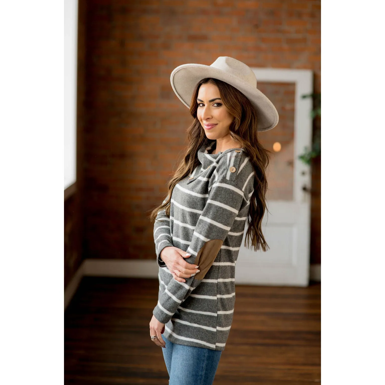 Striped Cowl Neck Elbow Patch Tee