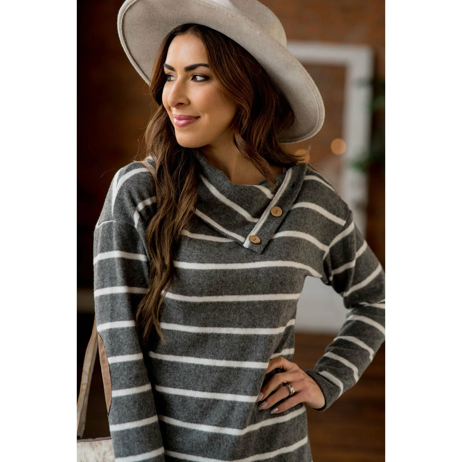 Striped Cowl Neck Elbow Patch Tee