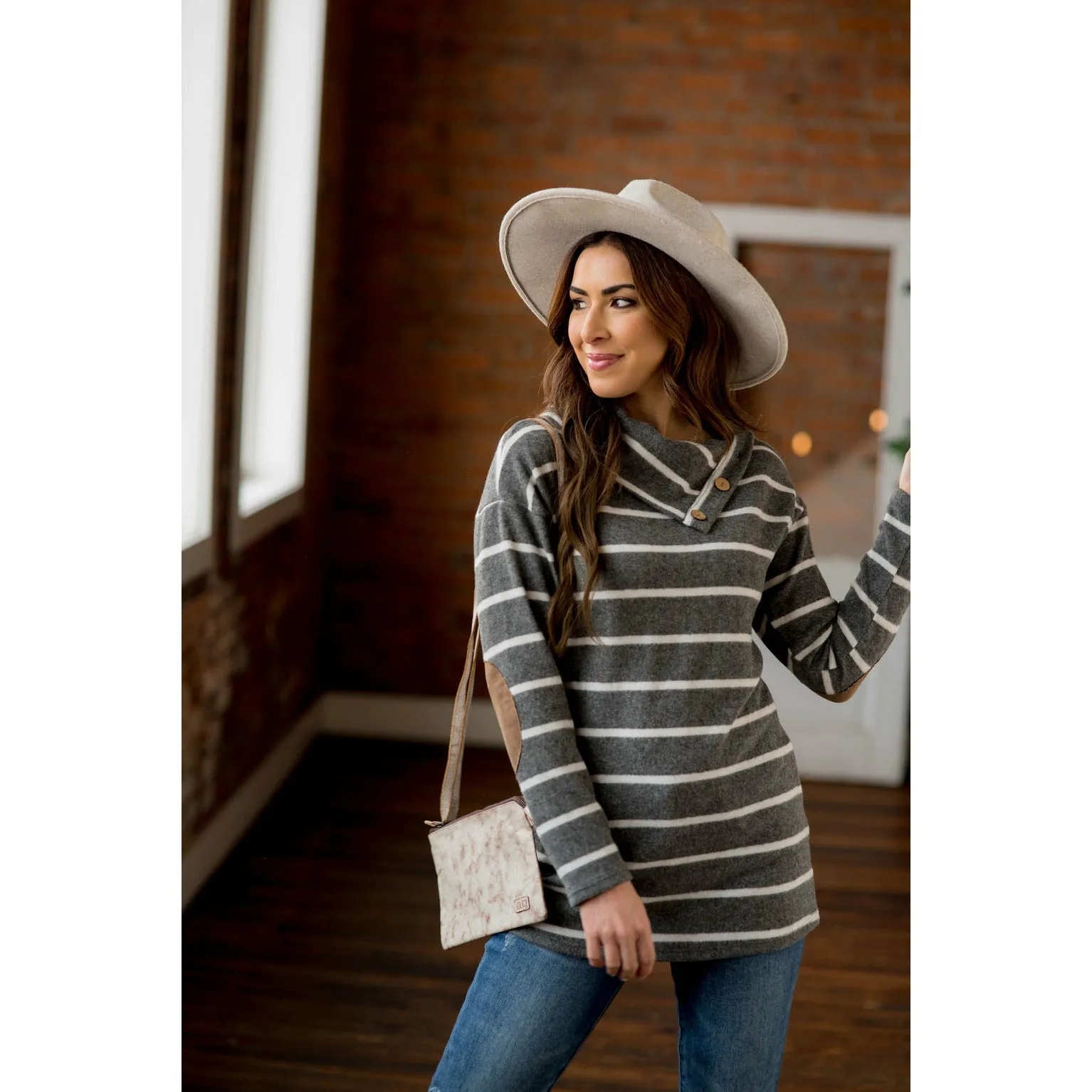 Striped Cowl Neck Elbow Patch Tee