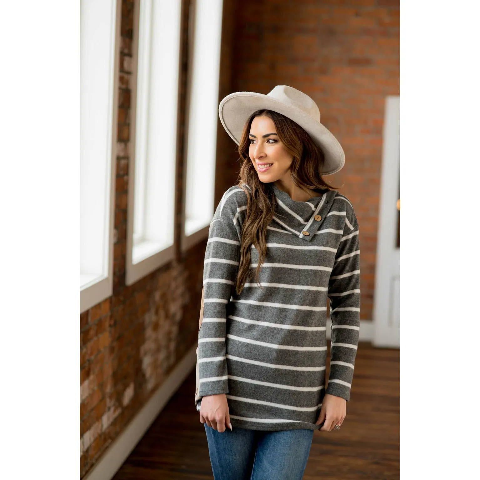 Striped Cowl Neck Elbow Patch Tee