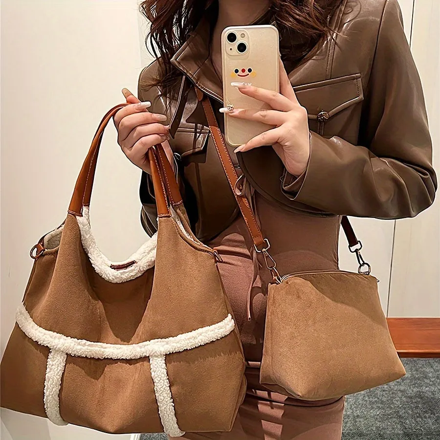 Suede Hobo Bags For Women Retro Tote Bag Suede Slouchy Bag Hobo Handbag Office Tote Handbag-With Pu Leather Clutch Purse