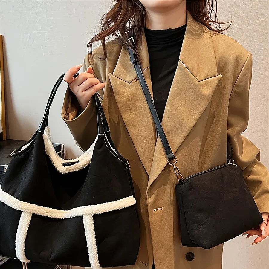 Suede Hobo Bags For Women Retro Tote Bag Suede Slouchy Bag Hobo Handbag Office Tote Handbag-With Pu Leather Clutch Purse