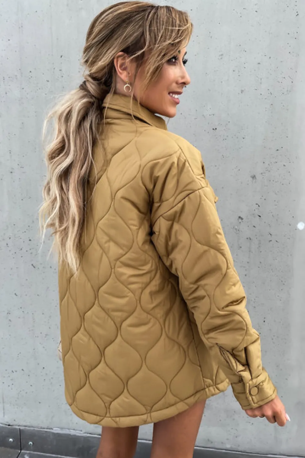 Tan Quilted Flap Pockets Snap Buttoned Puffer Jacket