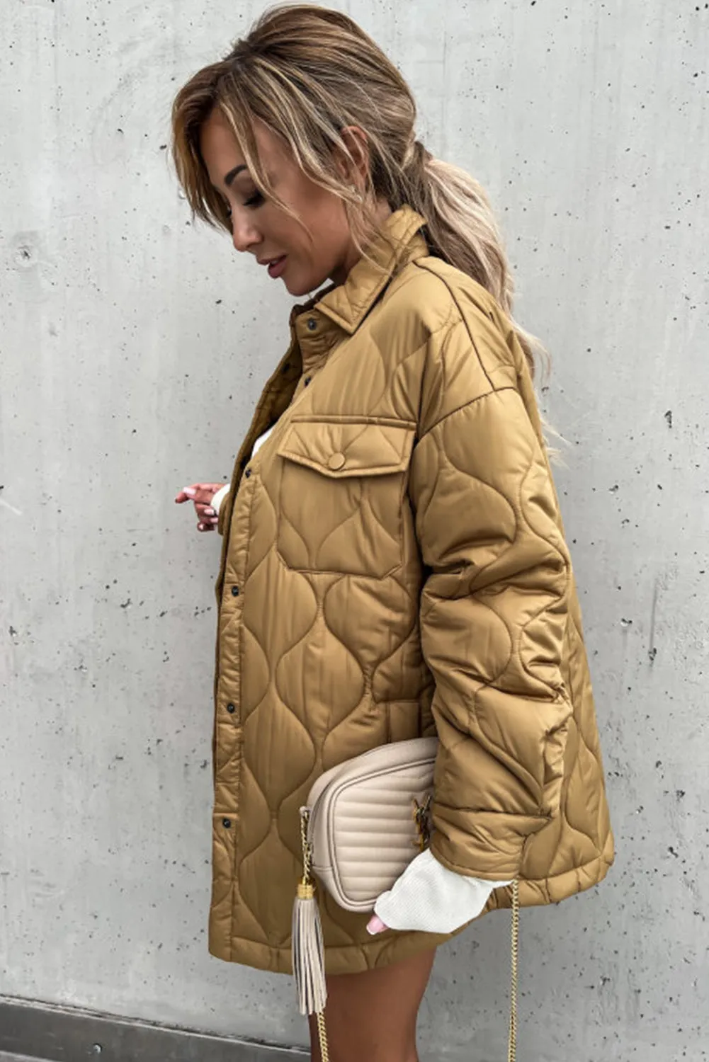 Tan Quilted Flap Pockets Snap Buttoned Puffer Jacket