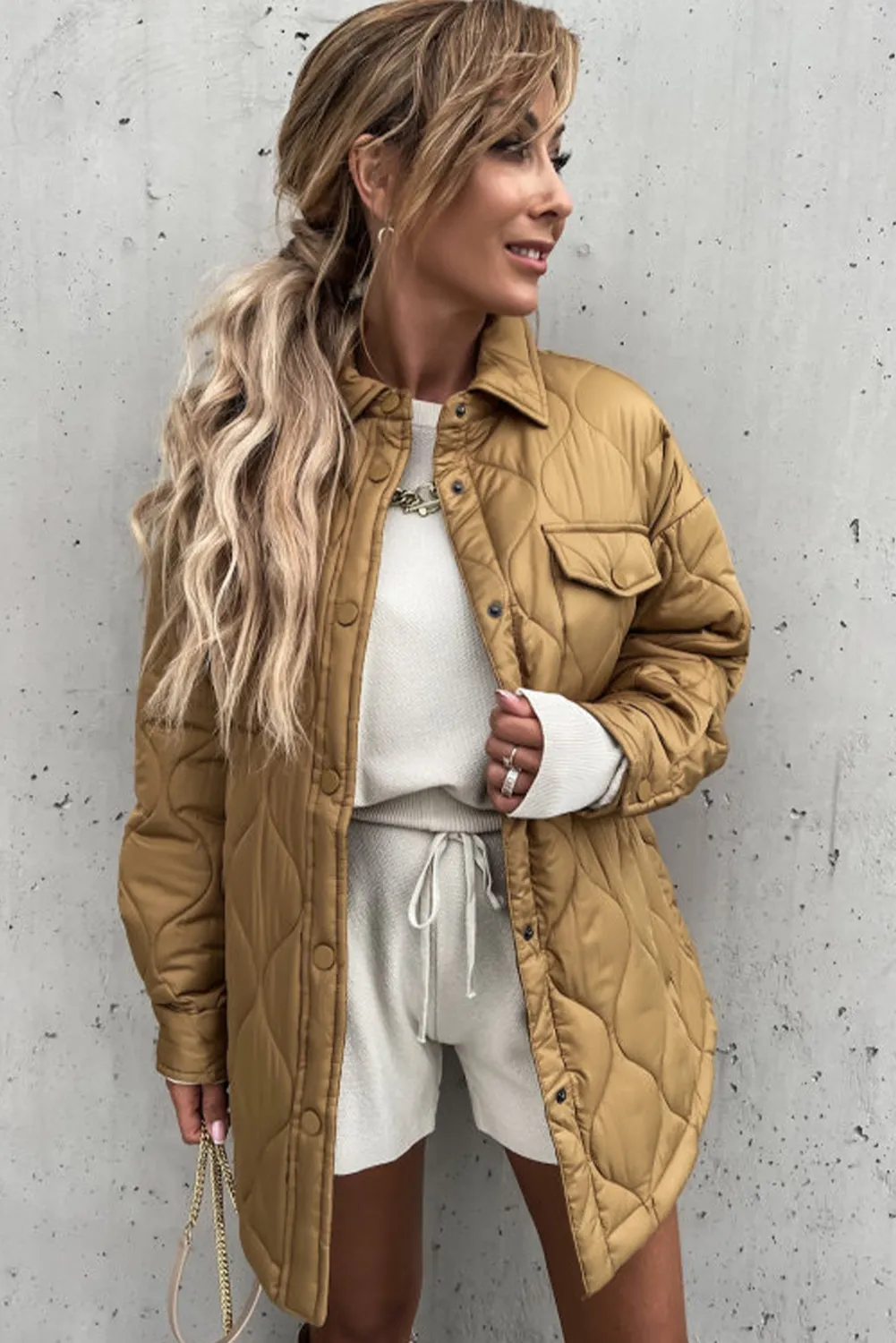 Tan Quilted Flap Pockets Snap Buttoned Puffer Jacket