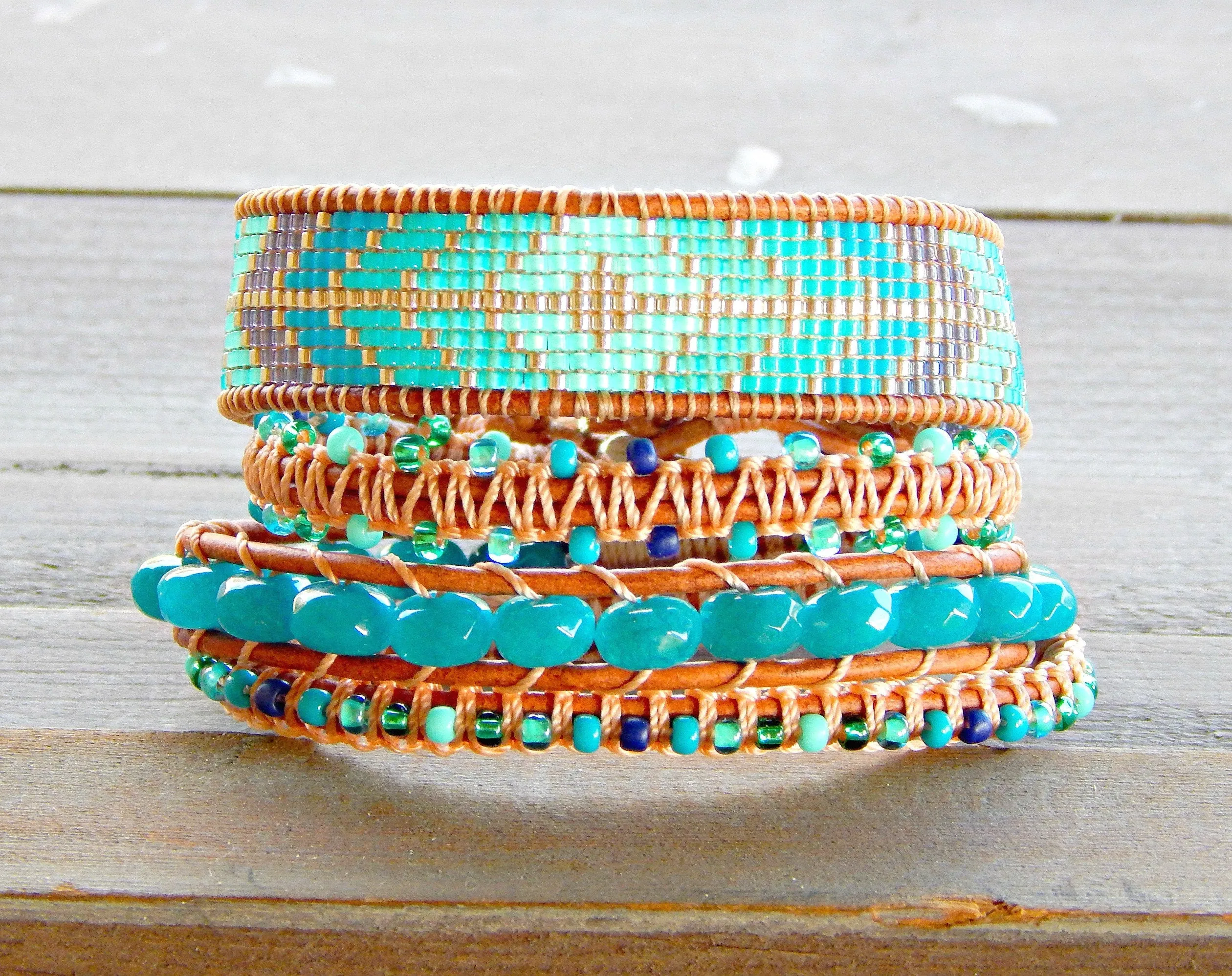 Teal Jade and Macrame Boho 3x wrap bracelet, unique macrame wrap bracelet