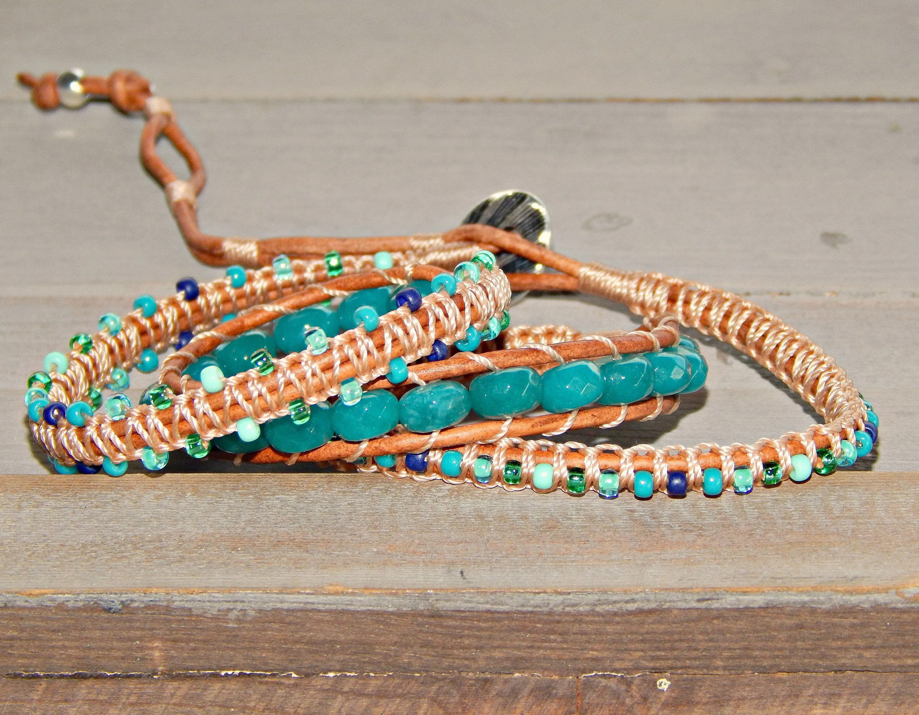 Teal Jade and Macrame Boho 3x wrap bracelet, unique macrame wrap bracelet