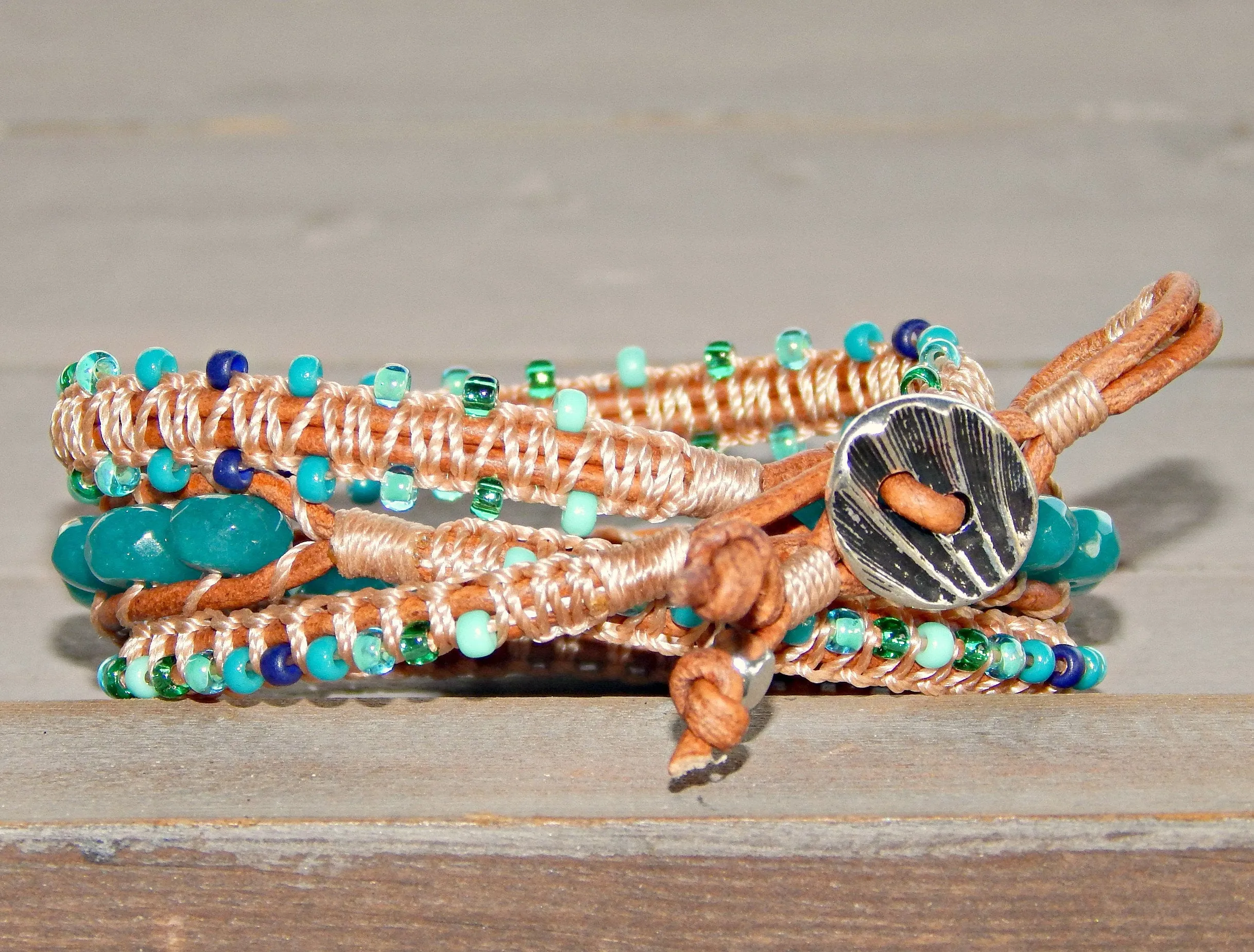 Teal Jade and Macrame Boho 3x wrap bracelet, unique macrame wrap bracelet