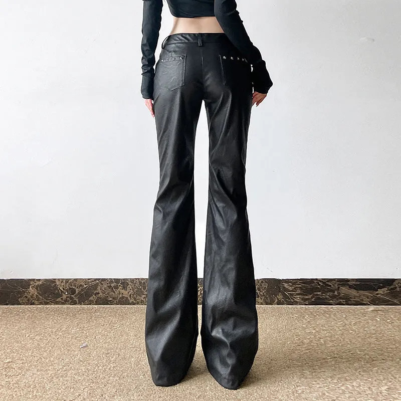 Territory barn jacket outfits Dark Sweet and Spicy Rivet Decorative Leather Casual Pants Sexy Low Waist Flared Pants 2024 American Street Shooting New Leather Pants