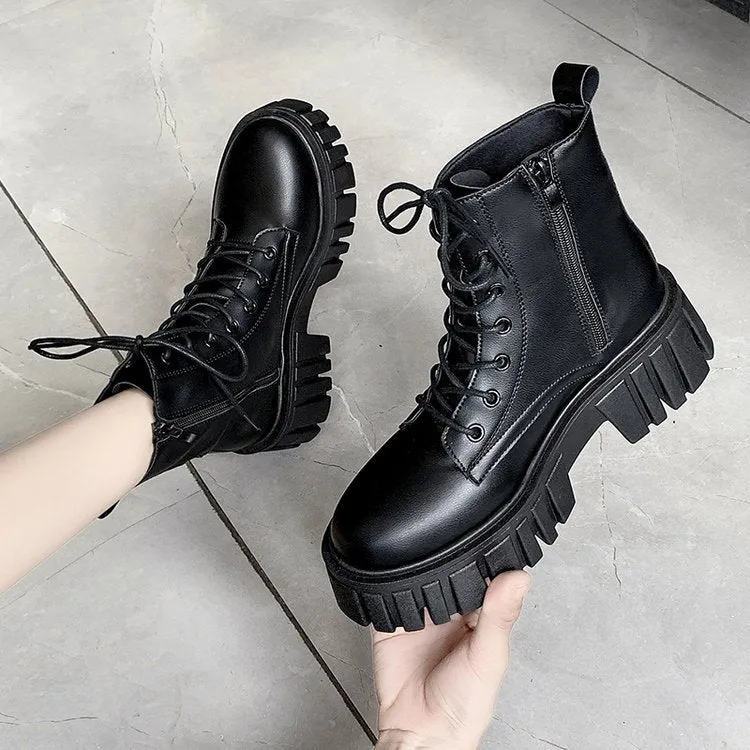 Thick Bottom Lace-up Martin Boots Women's  Autumn and Winter New Korean Style Leather Women's Boots Comfortable Soft Bottom Women's Mid Boots Women's