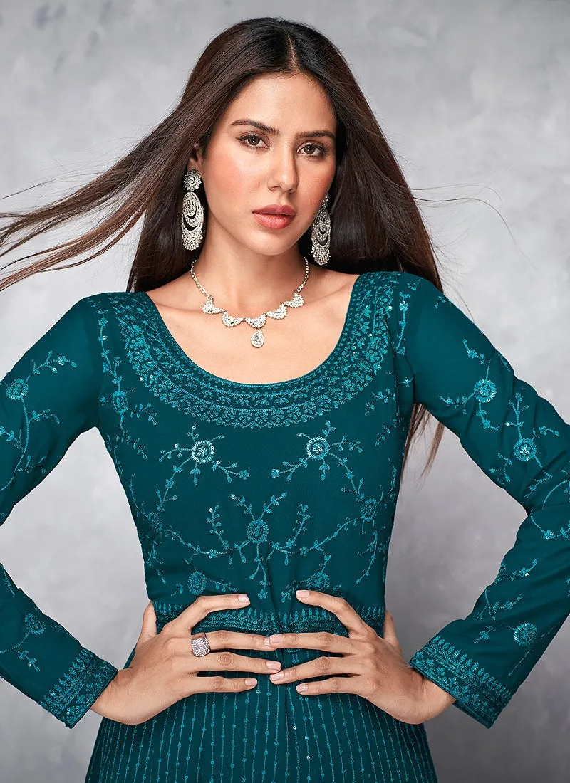 Thread Embroidered Teal Georgette Anarkali Suit