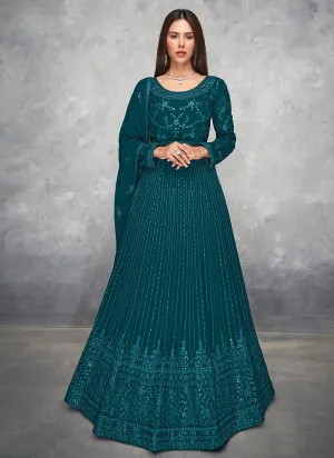 Thread Embroidered Teal Georgette Anarkali Suit