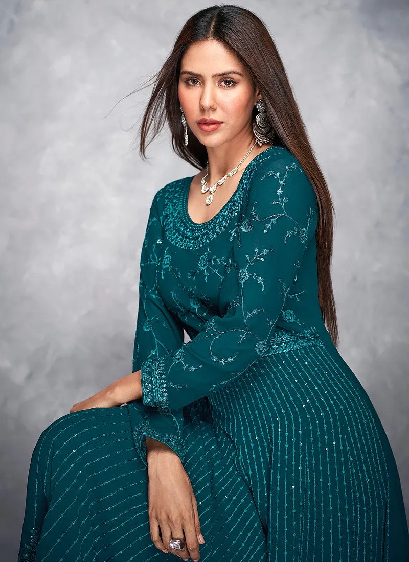 Thread Embroidered Teal Georgette Anarkali Suit