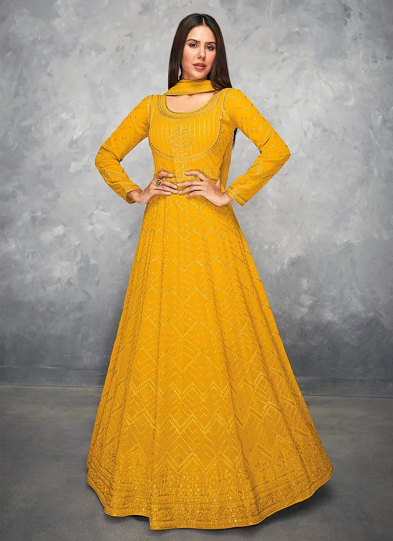 Thread Embroidered Yellow Georgette Anarkali Suit