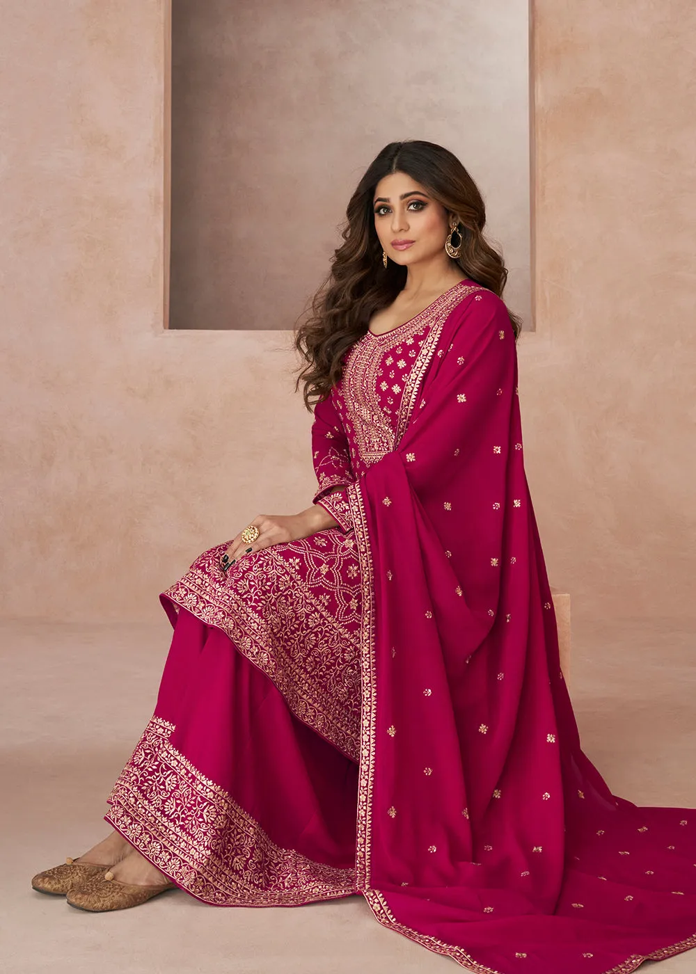 Trendy Festive Look Pink Georgette Palazzo Style Suit